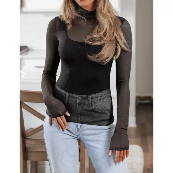 imageZESICA Womens Mesh Sheer Lace Top Long Sleeve Mock Neck See Through Polka Dot Slim Tee Shirt BlouseBlack