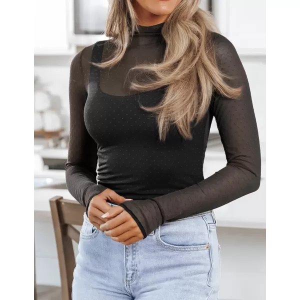 imageZESICA Womens Mesh Sheer Lace Top Long Sleeve Mock Neck See Through Polka Dot Slim Tee Shirt BlouseBlack