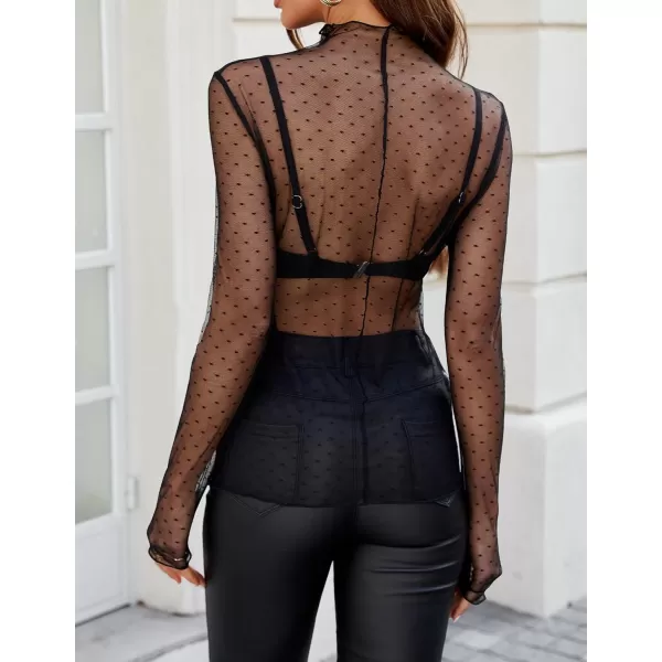 imageZESICA Womens Mesh Sheer Lace Top Long Sleeve Mock Neck See Through Polka Dot Slim Tee Shirt BlouseBlack
