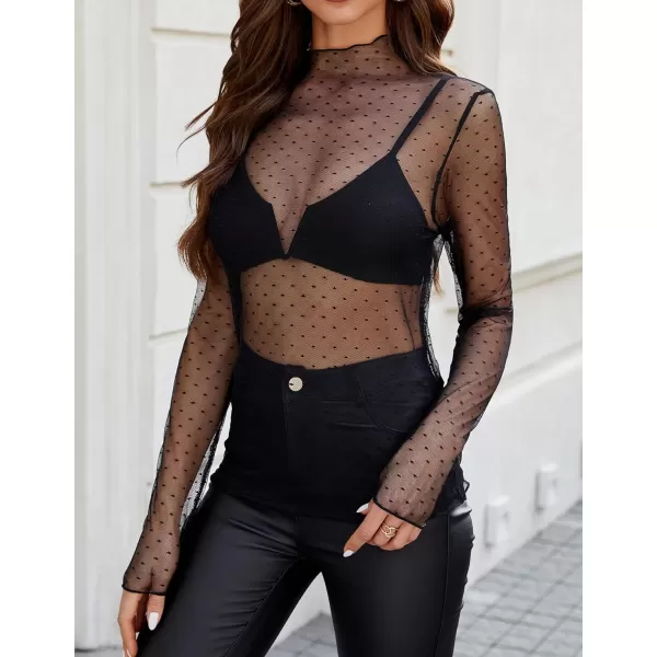 imageZESICA Womens Mesh Sheer Lace Top Long Sleeve Mock Neck See Through Polka Dot Slim Tee Shirt BlouseBlack