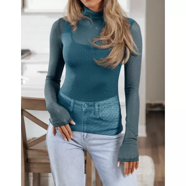 imageZESICA Womens Mesh Sheer Lace Top Long Sleeve Mock Neck See Through Polka Dot Slim Tee Shirt BlouseDarkblue