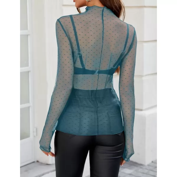 imageZESICA Womens Mesh Sheer Lace Top Long Sleeve Mock Neck See Through Polka Dot Slim Tee Shirt BlouseDarkblue