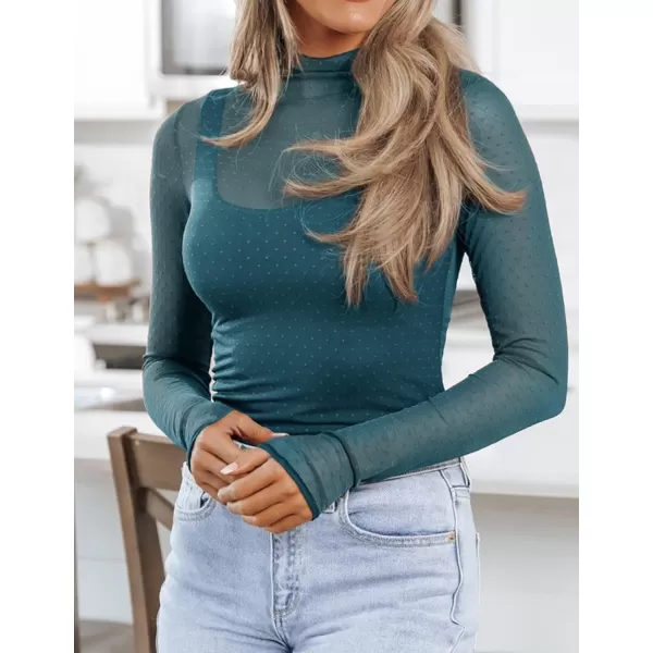 imageZESICA Womens Mesh Sheer Lace Top Long Sleeve Mock Neck See Through Polka Dot Slim Tee Shirt BlouseDarkblue