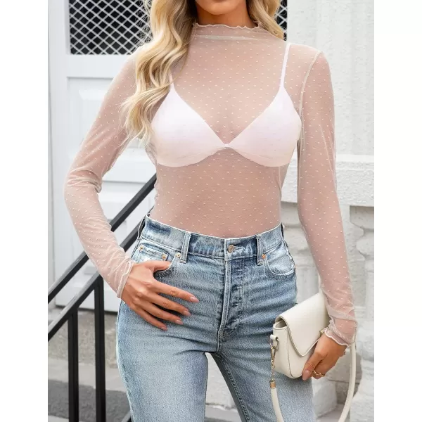 imageZESICA Womens Mesh Sheer Lace Top Long Sleeve Mock Neck See Through Polka Dot Slim Tee Shirt BlouseOrangepink