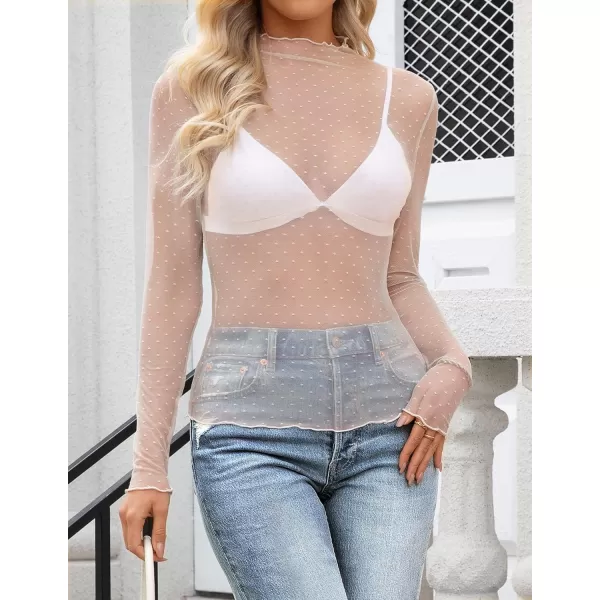 imageZESICA Womens Mesh Sheer Lace Top Long Sleeve Mock Neck See Through Polka Dot Slim Tee Shirt BlouseOrangepink