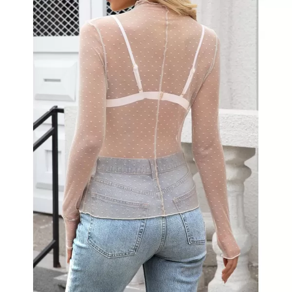 imageZESICA Womens Mesh Sheer Lace Top Long Sleeve Mock Neck See Through Polka Dot Slim Tee Shirt BlouseOrangepink