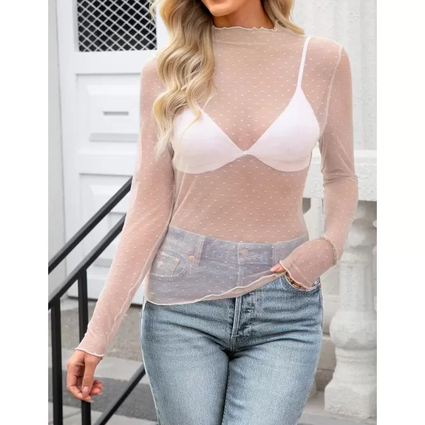 imageZESICA Womens Mesh Sheer Lace Top Long Sleeve Mock Neck See Through Polka Dot Slim Tee Shirt BlouseOrangepink