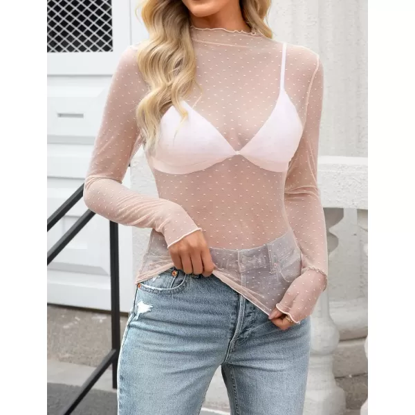 imageZESICA Womens Mesh Sheer Lace Top Long Sleeve Mock Neck See Through Polka Dot Slim Tee Shirt BlouseOrangepink