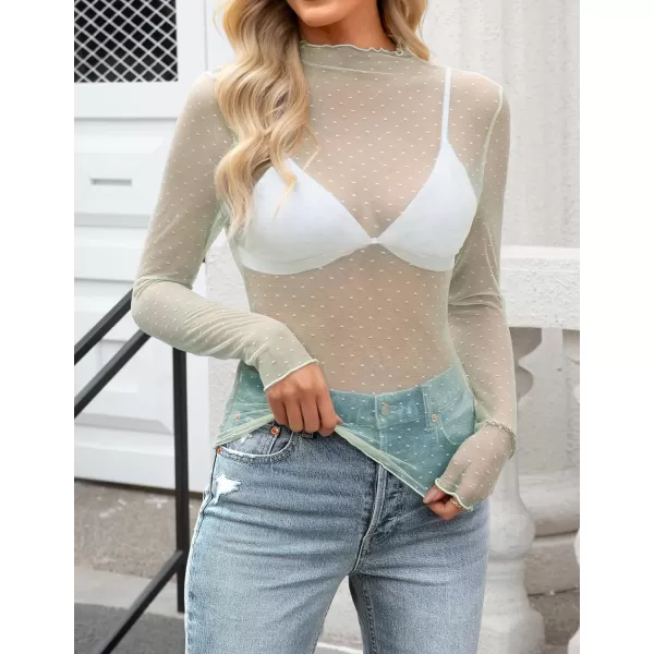 imageZESICA Womens Mesh Sheer Lace Top Long Sleeve Mock Neck See Through Polka Dot Slim Tee Shirt BlouseSage