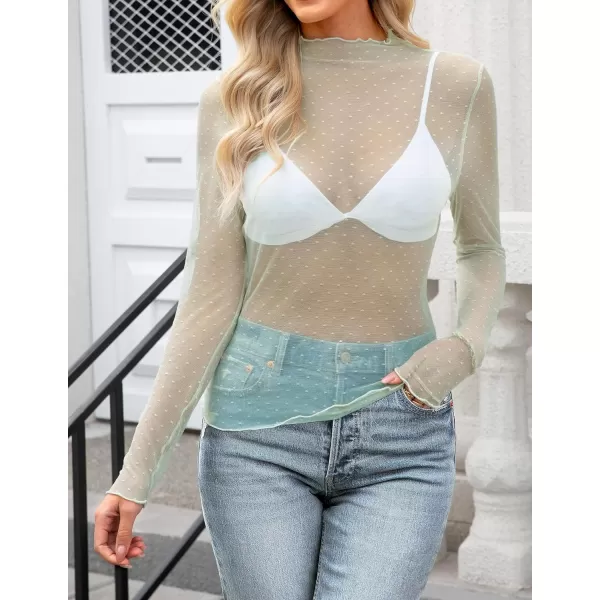imageZESICA Womens Mesh Sheer Lace Top Long Sleeve Mock Neck See Through Polka Dot Slim Tee Shirt BlouseSage