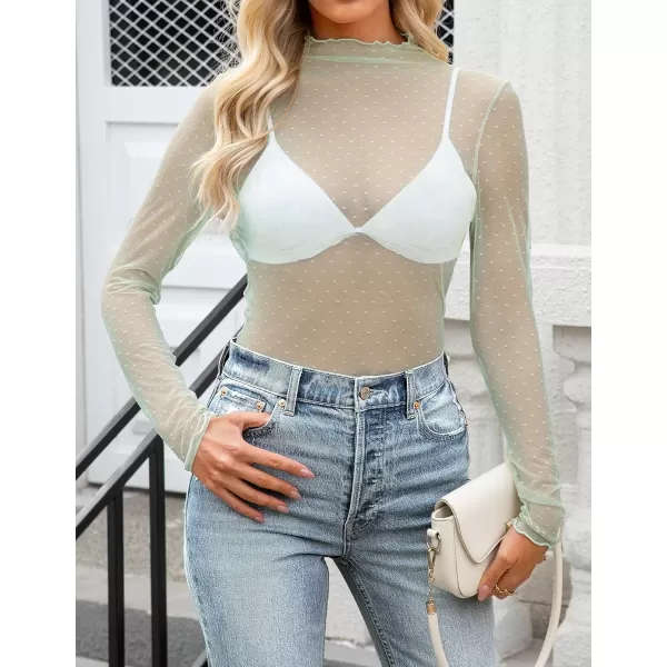 imageZESICA Womens Mesh Sheer Lace Top Long Sleeve Mock Neck See Through Polka Dot Slim Tee Shirt BlouseSage