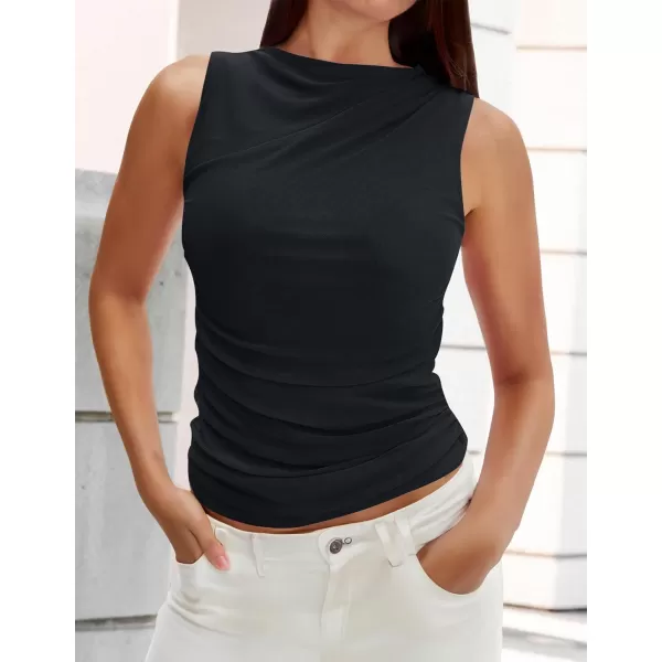 imageZESICA Womens Mesh Tank Top 2024 Summer Sleeveless High Neck Ruched Slim Fitted Casual Tee ShirtsBlack