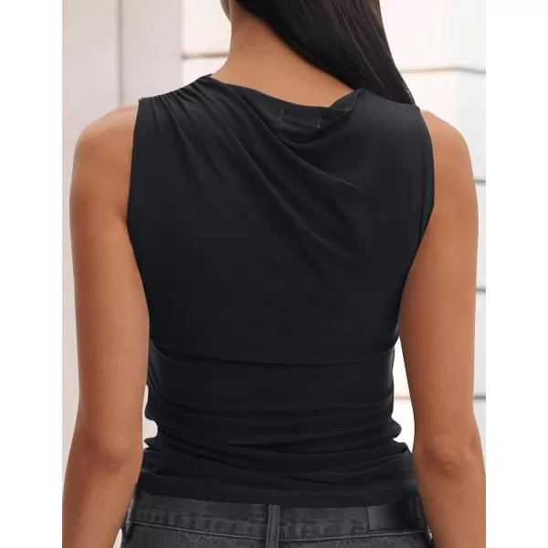 imageZESICA Womens Mesh Tank Top 2024 Summer Sleeveless High Neck Ruched Slim Fitted Casual Tee ShirtsBlack