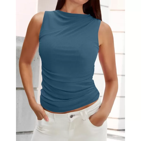 imageZESICA Womens Mesh Tank Top 2024 Summer Sleeveless High Neck Ruched Slim Fitted Casual Tee ShirtsDarkblue