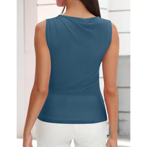 imageZESICA Womens Mesh Tank Top 2024 Summer Sleeveless High Neck Ruched Slim Fitted Casual Tee ShirtsDarkblue
