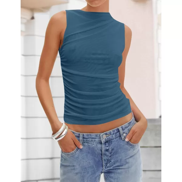 imageZESICA Womens Mesh Tank Top 2024 Summer Sleeveless High Neck Ruched Slim Fitted Casual Tee ShirtsDarkblue