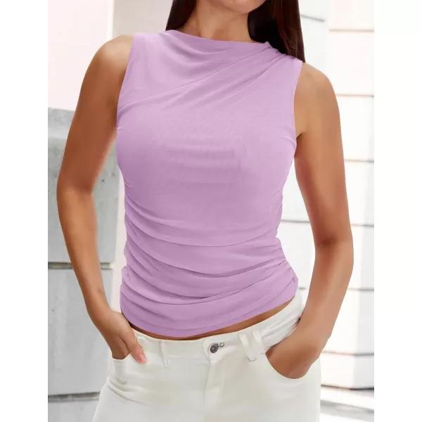 imageZESICA Womens Mesh Tank Top 2024 Summer Sleeveless High Neck Ruched Slim Fitted Casual Tee ShirtsPurple