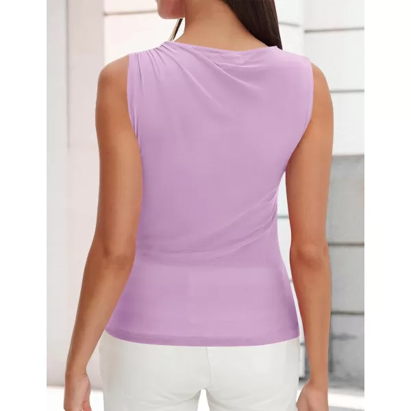 imageZESICA Womens Mesh Tank Top 2024 Summer Sleeveless High Neck Ruched Slim Fitted Casual Tee ShirtsPurple