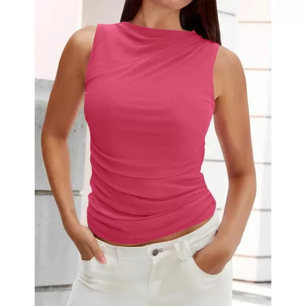 imageZESICA Womens Mesh Tank Top 2024 Summer Sleeveless High Neck Ruched Slim Fitted Casual Tee ShirtsRose
