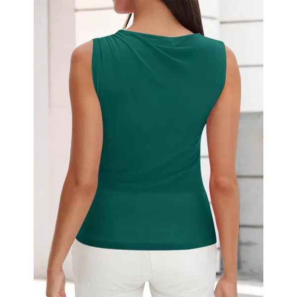 imageZESICA Womens Mesh Tank Top 2024 Summer Sleeveless High Neck Ruched Slim Fitted Casual Tee ShirtsTealgreen