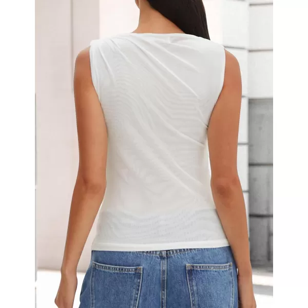 imageZESICA Womens Mesh Tank Top 2024 Summer Sleeveless High Neck Ruched Slim Fitted Casual Tee ShirtsWhite