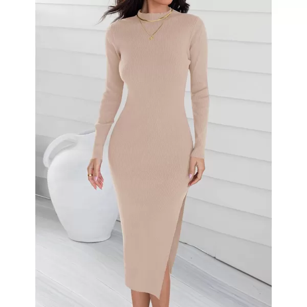 imageZESICA Womens Mock Neck Sweater Dresses Long Sleeve Side Slit Slim Fit Fall Elegant Ribbed Knit Midi DressApricot