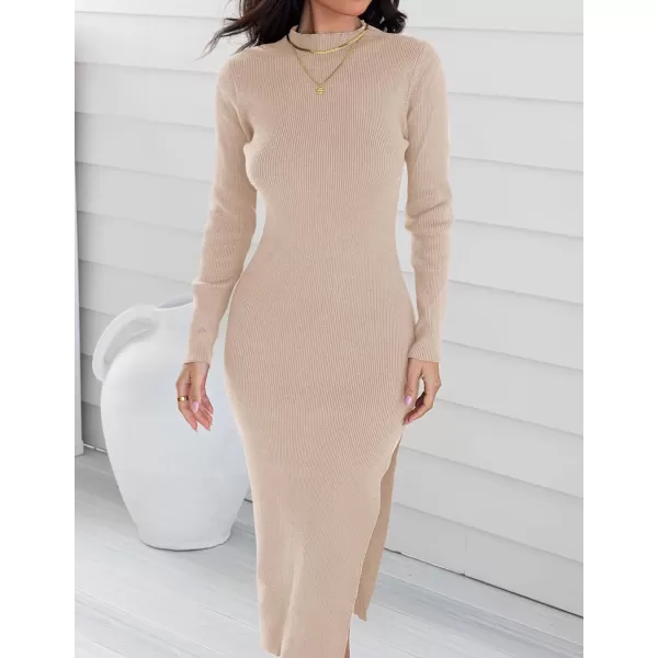 imageZESICA Womens Mock Neck Sweater Dresses Long Sleeve Side Slit Slim Fit Fall Elegant Ribbed Knit Midi DressApricot