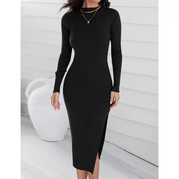 imageZESICA Womens Mock Neck Sweater Dresses Long Sleeve Side Slit Slim Fit Fall Elegant Ribbed Knit Midi DressBlack