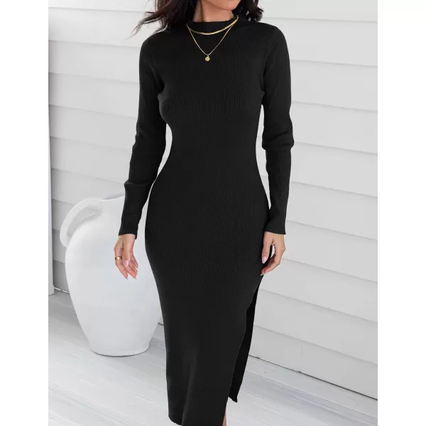 imageZESICA Womens Mock Neck Sweater Dresses Long Sleeve Side Slit Slim Fit Fall Elegant Ribbed Knit Midi DressBlack