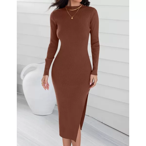 imageZESICA Womens Mock Neck Sweater Dresses Long Sleeve Side Slit Slim Fit Fall Elegant Ribbed Knit Midi DressCoffee