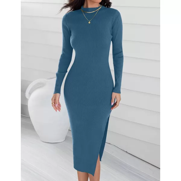 imageZESICA Womens Mock Neck Sweater Dresses Long Sleeve Side Slit Slim Fit Fall Elegant Ribbed Knit Midi DressDarkblue