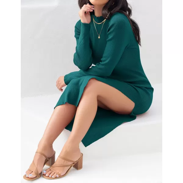 imageZESICA Womens Mock Neck Sweater Dresses Long Sleeve Side Slit Slim Fit Fall Elegant Ribbed Knit Midi DressDarkgreen