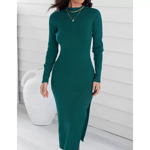 imageZESICA Womens Mock Neck Sweater Dresses Long Sleeve Side Slit Slim Fit Fall Elegant Ribbed Knit Midi DressDarkgreen