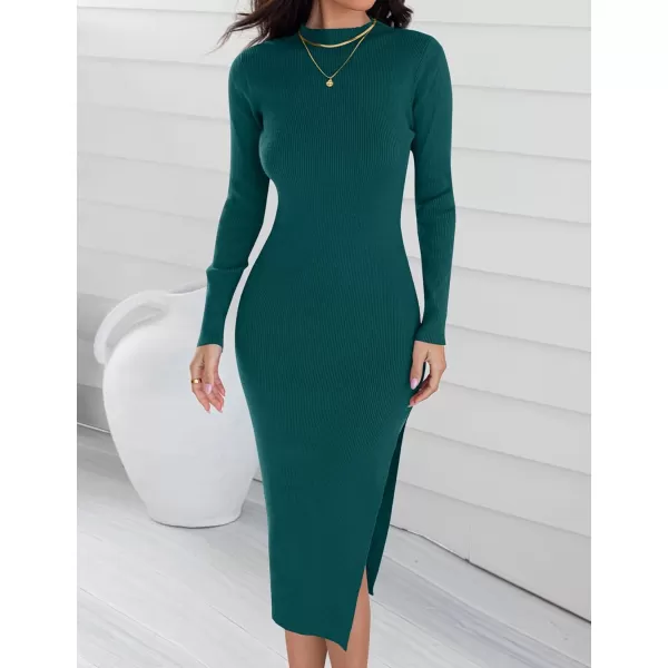 imageZESICA Womens Mock Neck Sweater Dresses Long Sleeve Side Slit Slim Fit Fall Elegant Ribbed Knit Midi DressDarkgreen