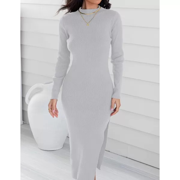 imageZESICA Womens Mock Neck Sweater Dresses Long Sleeve Side Slit Slim Fit Fall Elegant Ribbed Knit Midi DressGrey