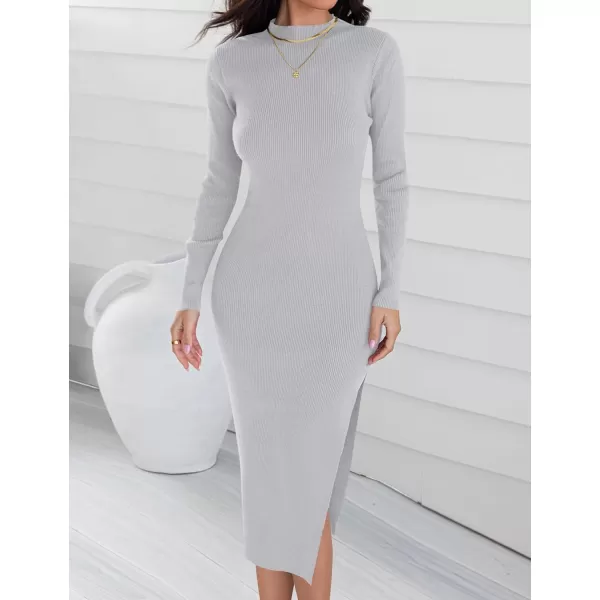 imageZESICA Womens Mock Neck Sweater Dresses Long Sleeve Side Slit Slim Fit Fall Elegant Ribbed Knit Midi DressGrey