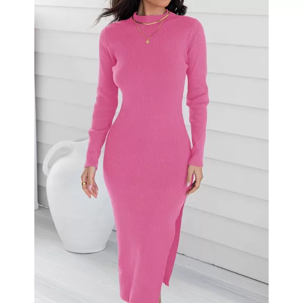 imageZESICA Womens Mock Neck Sweater Dresses Long Sleeve Side Slit Slim Fit Fall Elegant Ribbed Knit Midi DressHotpink