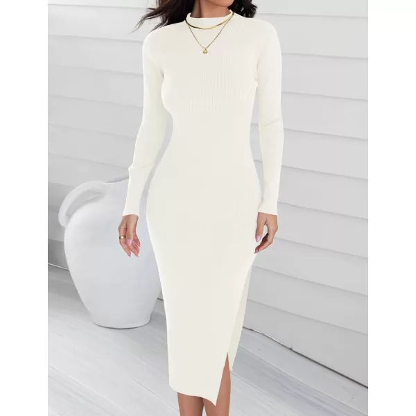 imageZESICA Womens Mock Neck Sweater Dresses Long Sleeve Side Slit Slim Fit Fall Elegant Ribbed Knit Midi DressIvory