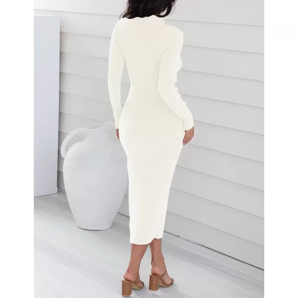imageZESICA Womens Mock Neck Sweater Dresses Long Sleeve Side Slit Slim Fit Fall Elegant Ribbed Knit Midi DressIvory