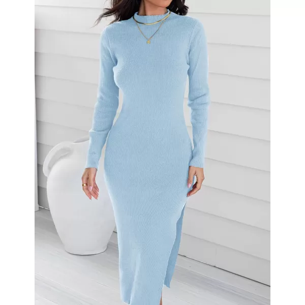 imageZESICA Womens Mock Neck Sweater Dresses Long Sleeve Side Slit Slim Fit Fall Elegant Ribbed Knit Midi DressLightblue