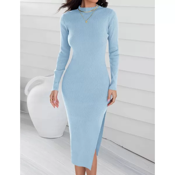 imageZESICA Womens Mock Neck Sweater Dresses Long Sleeve Side Slit Slim Fit Fall Elegant Ribbed Knit Midi DressLightblue
