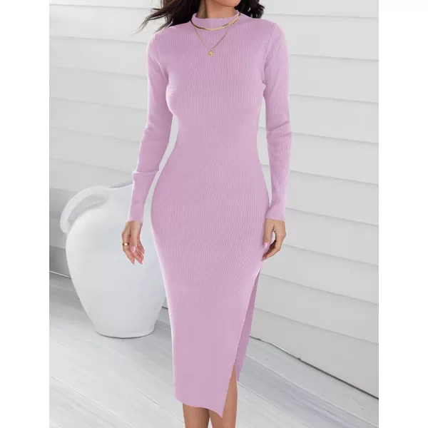 imageZESICA Womens Mock Neck Sweater Dresses Long Sleeve Side Slit Slim Fit Fall Elegant Ribbed Knit Midi DressPurple