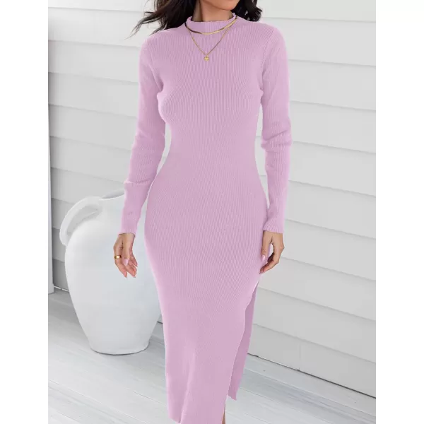 imageZESICA Womens Mock Neck Sweater Dresses Long Sleeve Side Slit Slim Fit Fall Elegant Ribbed Knit Midi DressPurple