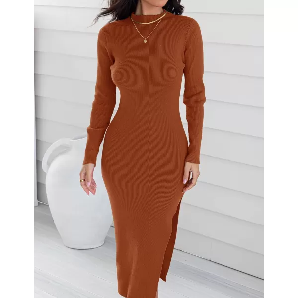 imageZESICA Womens Mock Neck Sweater Dresses Long Sleeve Side Slit Slim Fit Fall Elegant Ribbed Knit Midi DressRust
