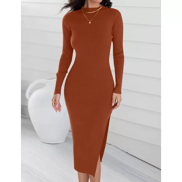 imageZESICA Womens Mock Neck Sweater Dresses Long Sleeve Side Slit Slim Fit Fall Elegant Ribbed Knit Midi DressRust