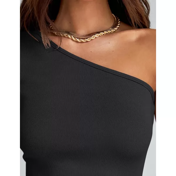 imageZESICA Womens One Shoulder Long Sleeve Tops 2024 Fall Fashion Lightweight Ribbed Knit Shirts Slim Fitted Basic TeesBlack