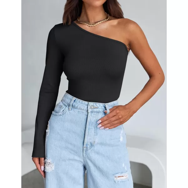 imageZESICA Womens One Shoulder Long Sleeve Tops 2024 Fall Fashion Lightweight Ribbed Knit Shirts Slim Fitted Basic TeesBlack