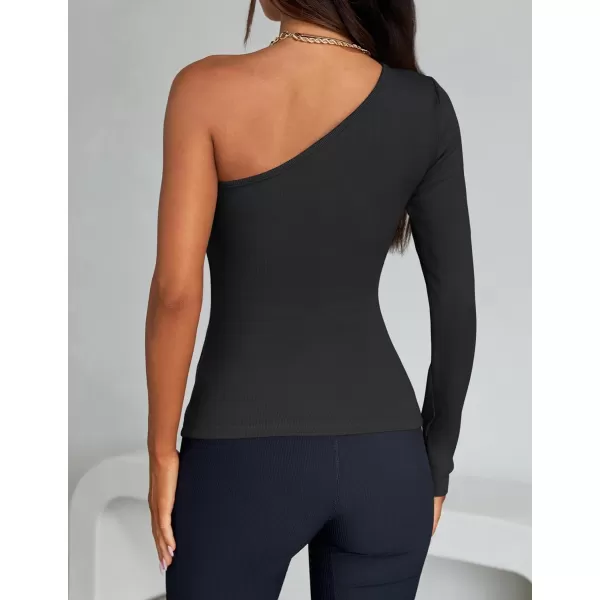 imageZESICA Womens One Shoulder Long Sleeve Tops 2024 Fall Fashion Lightweight Ribbed Knit Shirts Slim Fitted Basic TeesBlack