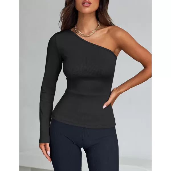 imageZESICA Womens One Shoulder Long Sleeve Tops 2024 Fall Fashion Lightweight Ribbed Knit Shirts Slim Fitted Basic TeesBlack
