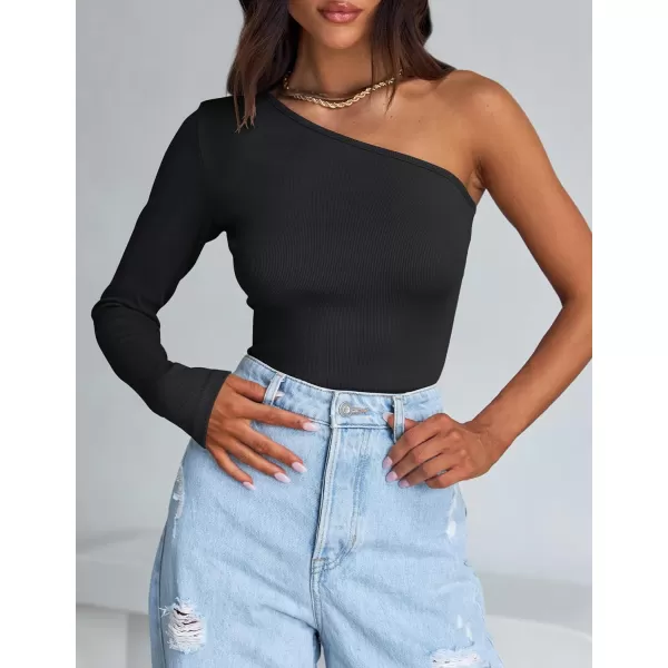 imageZESICA Womens One Shoulder Long Sleeve Tops 2024 Fall Fashion Lightweight Ribbed Knit Shirts Slim Fitted Basic TeesBlack